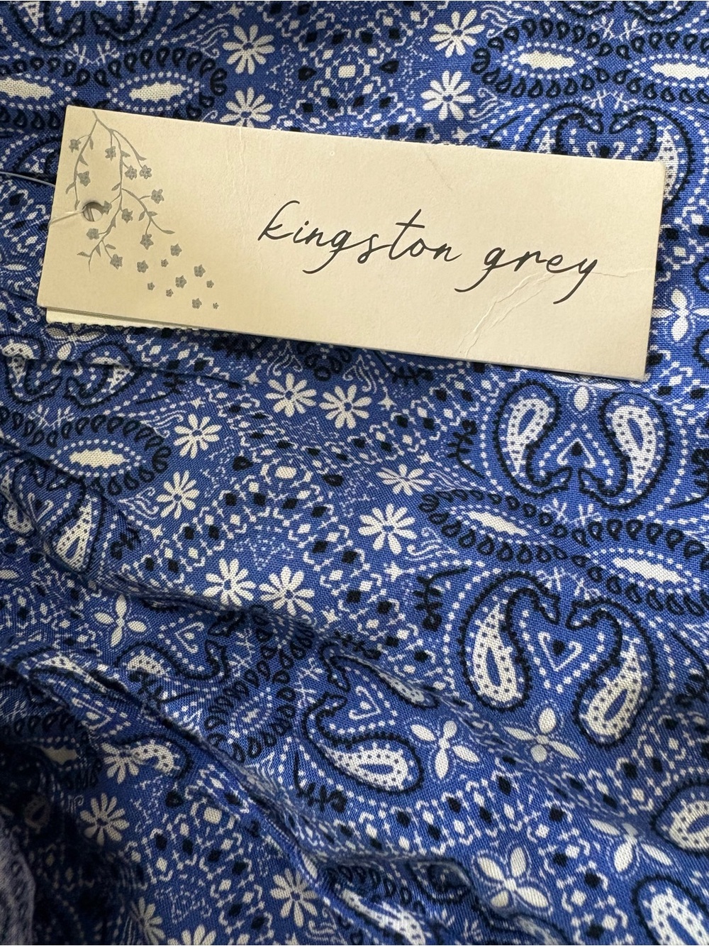 Kingston Grey Blue Paisley Hi Low Maxi Dress Ruffle Off Shoulder Size L NWT - Picture 6 of 7